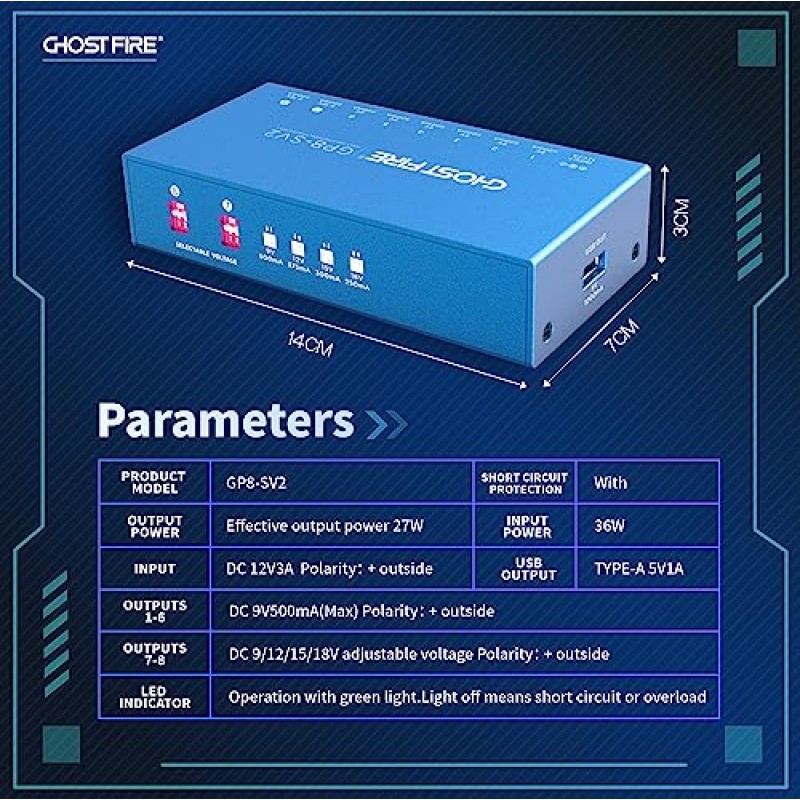 GHOST FIRE GP8-SV2 8출력 페달 전원 공급 장치 + 5V USB 출력 독립적인 단락 보호 기능을 갖춘 완전 절연형 보조 배터리