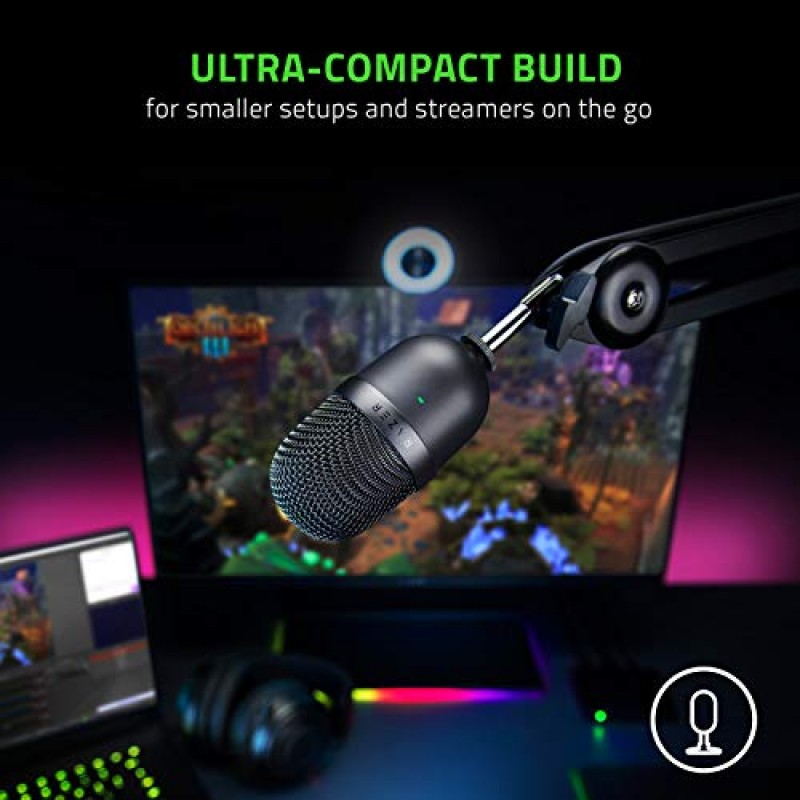 Razer Seiren 미니 USB 콘덴서 마이크: PC 스트리밍 및 게임용 - 전문가 수준의 녹음 품질 - 정밀한 초지향성 픽업 패턴 - 틸팅 스탠드 - 충격 방지 - 클래식 블랙