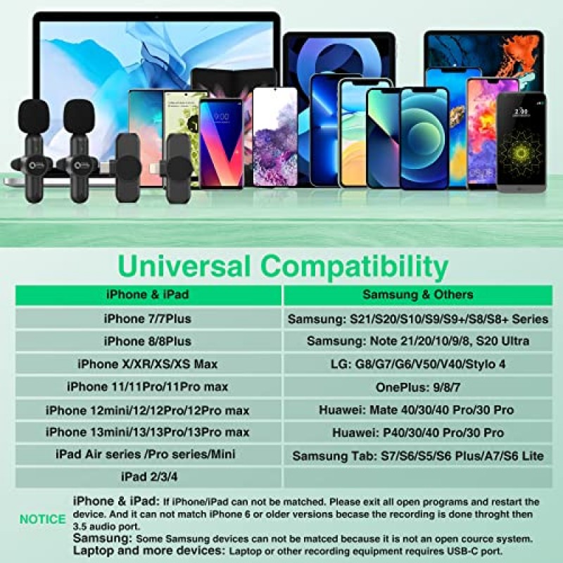 iPhone ipad Android용 무선 라발리어 마이크, (2개의 수신기가 있는 2개의 마이크) 2.4Hz QTREE 플러그 플레이 잔향, Facebook, YouTube, TikTok, 비디오 녹화, 블로거용 자동 동기화 라펠 마이크