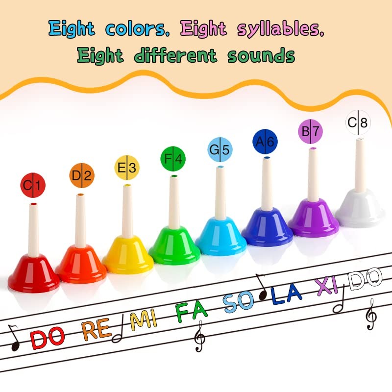 GuangTao 킹 핸드 벨 세트 8 노트 뮤지컬 벨 유아 어린이를위한 다채로운 노래 책 어린이 성인 학교 교회 교실 결혼식