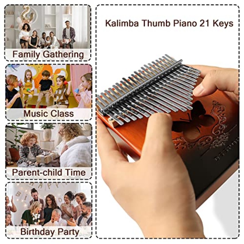 Kalimba 21 Keys, DSSPORT 휴대용 핑거 피아노 (조정 해머 및 음악 책 세트 포함), 어린이 성인 초보자 및 음악 애호가를위한 목재 엄지 피아노 음악 선물 (브라운-21 키)