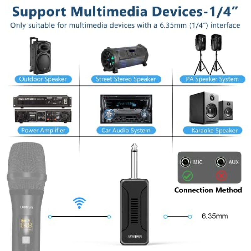 Bietrun 무선 마이크 WXM02 / WXM04용 UHF 수신기, 720mAh 충전식 배터리, 160피트 작업 범위, 가라오케 기계/PA 스피커 시스템/믹서용 1/4