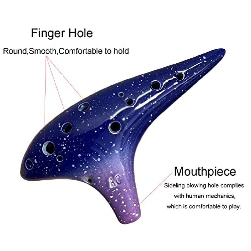 초보자를 위한 12 홀 고구마 오카리나 악기, 알토 C 세라믹 오카리나(별이 빛나는 파란색 & 보라색)