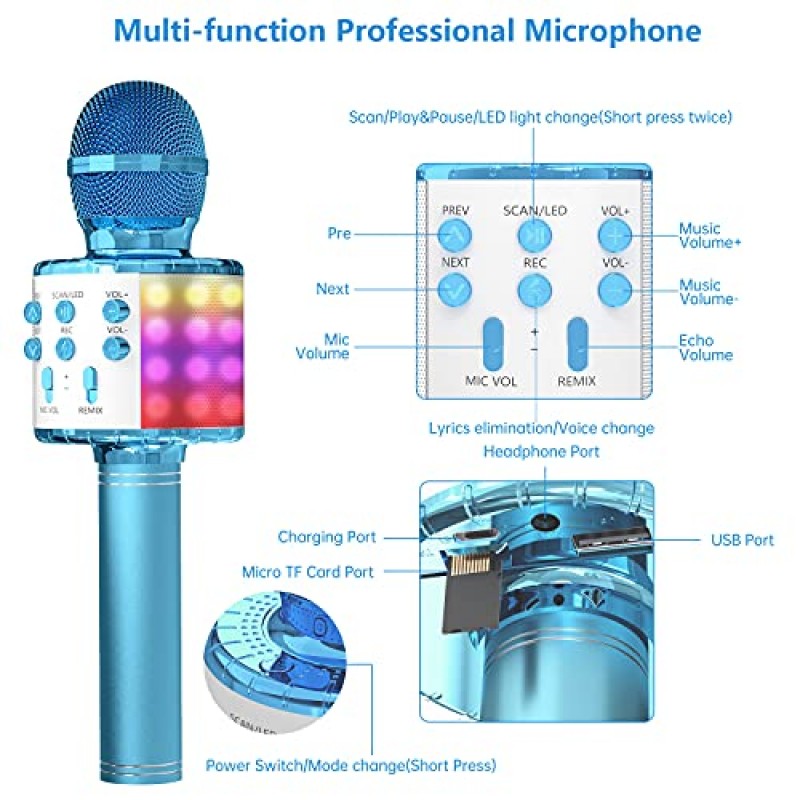 어린이를 위한 OVELLIC 가라오케 마이크, LED 조명이 장착된 무선 블루투스 가라오케 마이크, 휴대용 핸드헬드 마이크 스피커 기계, 여아 남아 성인 전 연령을 위한 훌륭한 선물용 장난감(파란색)