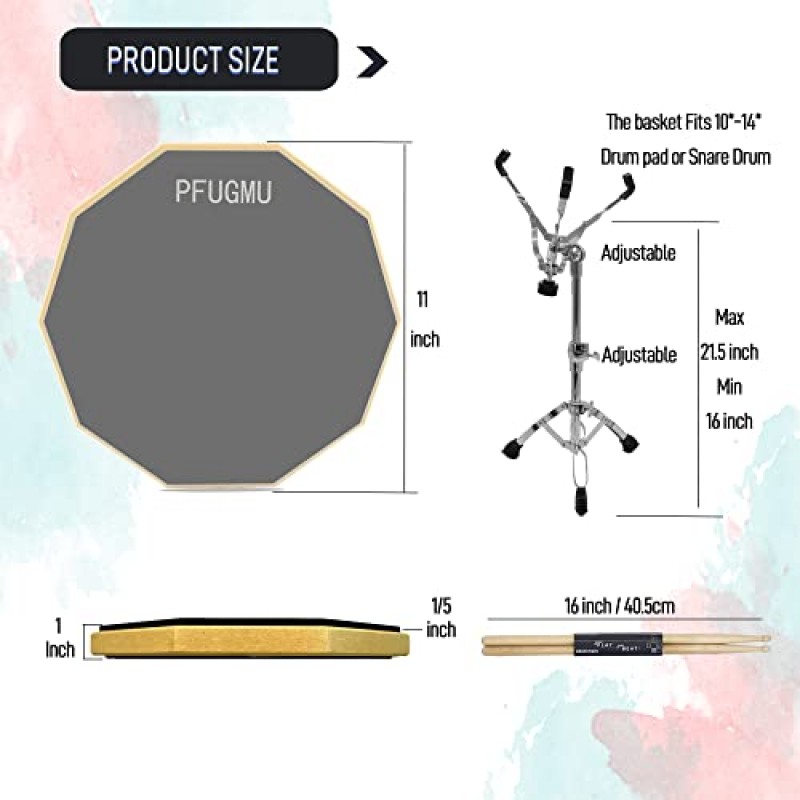 PFUGMU 연습 드럼 패드 스탠드 키트, 조절 가능한 스네어 드럼 스탠드가 있는 11인치 실리콘 사일런트 드럼 패드, 5A 드럼스틱 및 캐리 백, 회색