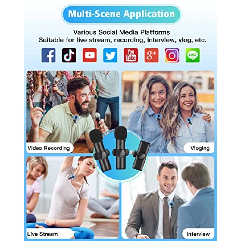 iPhone용 LIBOWER 마이크, iPhone iPad용(소형 마이크 ​​2개 및 수신기 1개) 전화 비디오 녹화용 미니 무선 라펠 마이크, YouTube/Facebook/TikTok/인터뷰/Vlog용 USB C 클립 온 마이크