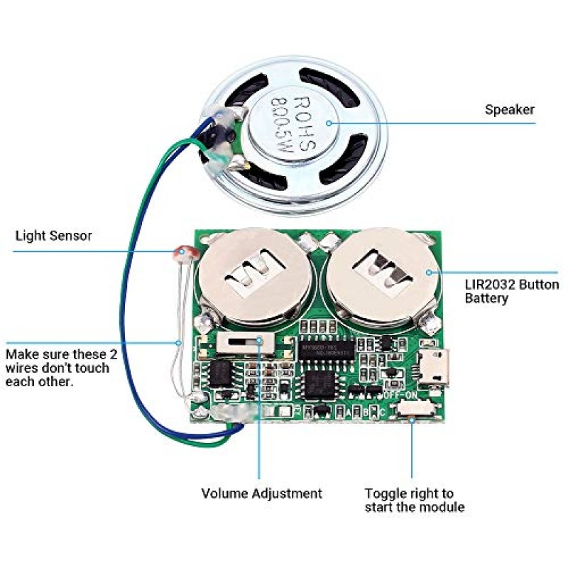 Icstation DIY 광 센서 사운드 모듈, 마이크로 USB 기록 가능한 사운드 칩 8M 메모리 스피커 생일 인사말 카드 할로윈 크리스마스 크리 에이 티브 선물을위한 프로그래밍 가능한 음악 플레이어 상자 말하기