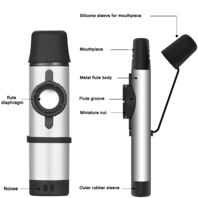금속 Kazoo 업그레이드, 조절 가능한 톤 전문 알루미늄 합금 Kazoo, 5개의 플루트 다이어프램, 식품 등급 마우스피스, 커버 및 슬링 디자인 포함 어린이/성인/음악 애호가를 위한 Kazoos(실버 Kazoo)