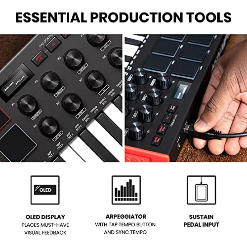 AKAI Professional MPK Mini MK3 - 8개의 백라이트 드럼 패드, 8개의 노브 및 음악 제작 소프트웨어가 포함된 25키 USB MIDI 키보드 컨트롤러