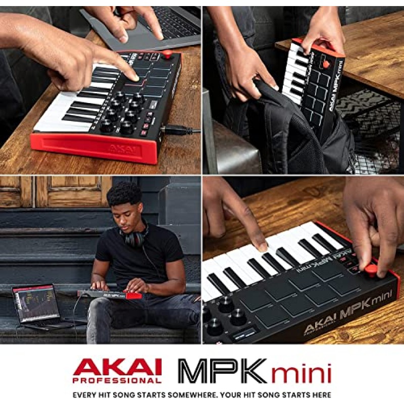 AKAI Professional MPK Mini MK3 - 8개의 백라이트 드럼 패드, 8개의 노브 및 음악 제작 소프트웨어가 포함된 25키 USB MIDI 키보드 컨트롤러