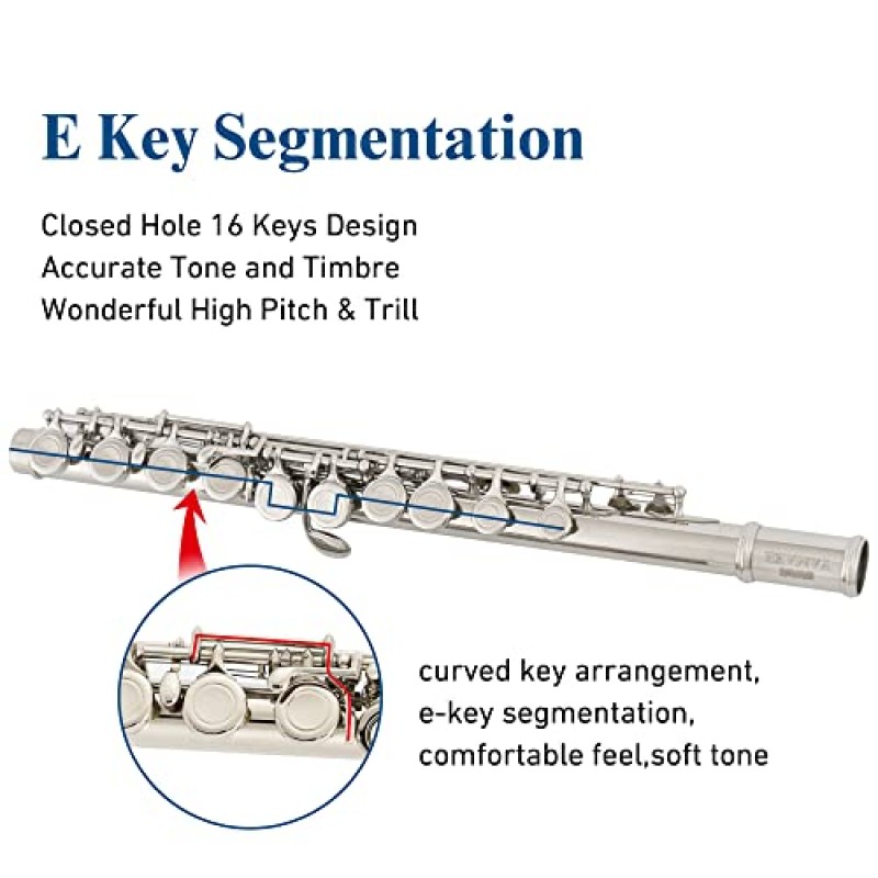 Yamaer C 플루트 폐쇄형 홀 16키 플루트 초보자용 플루트 휴대용 케이스, 스탠드, 악보집, 장갑 및 청소 키트가 포함된 학생용 플루트 악기(니켈)