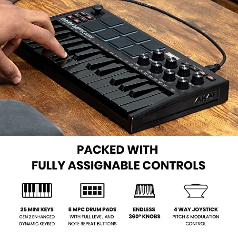 AKAI Professional MPK Mini MK3 - 8개의 백라이트 드럼 패드, 8개의 노브 및 음악 제작 소프트웨어가 포함된 25키 USB MIDI 키보드 컨트롤러(검은색)