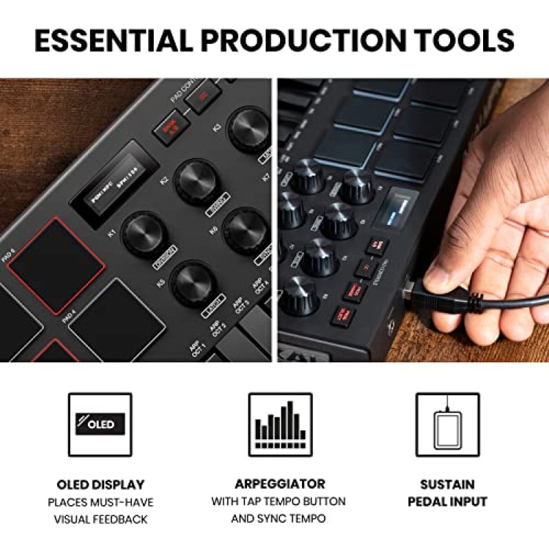 AKAI Professional MPK Mini MK3 - 8개의 백라이트 드럼 패드, 8개의 노브 및 음악 제작 소프트웨어가 포함된 25키 USB MIDI 키보드 컨트롤러(검은색)