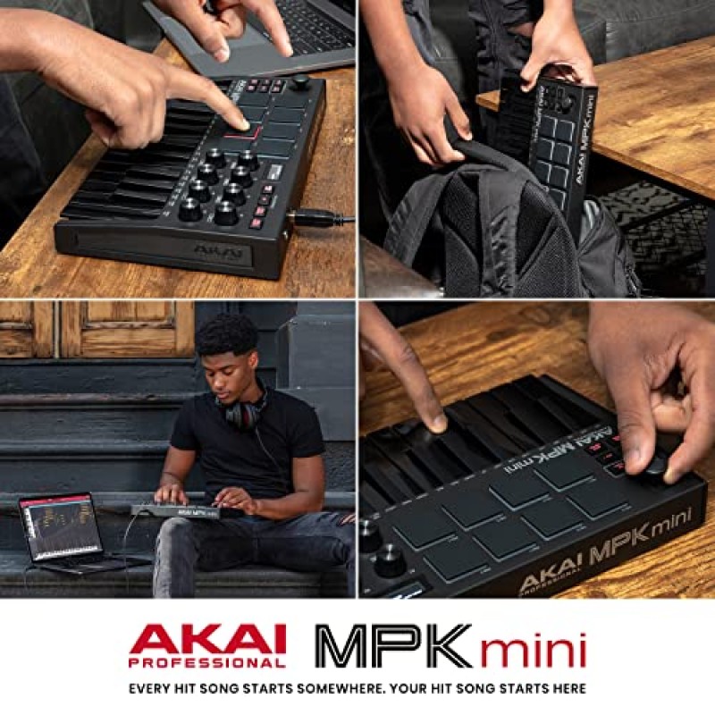 AKAI Professional MPK Mini MK3 - 8개의 백라이트 드럼 패드, 8개의 노브 및 음악 제작 소프트웨어가 포함된 25키 USB MIDI 키보드 컨트롤러(검은색)