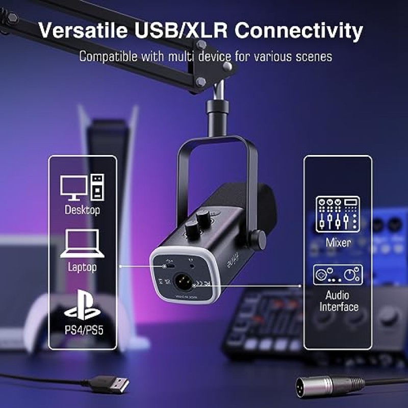 FIFINE XLR/USB 게이밍 마이크 세트, 스트리밍 팟캐스트용 다이나믹 PC 마이크, 붐 암 스탠드가 있는 컴퓨터 RGB 마이크 키트, 음소거 버튼, 헤드폰 잭, 보컬 음성 증폭 게임 AM8T 녹음용