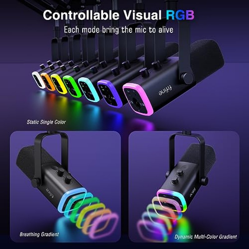 FIFINE XLR/USB 게이밍 마이크 세트, 스트리밍 팟캐스트용 다이나믹 PC 마이크, 붐 암 스탠드가 있는 컴퓨터 RGB 마이크 키트, 음소거 버튼, 헤드폰 잭, 보컬 음성 증폭 게임 AM8T 녹음용