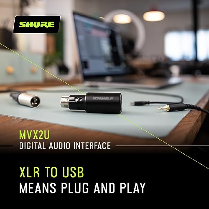 헤드폰 잭이 포함된 Shure MVX2U XLR-USB 디지털 인터페이스, 60dB 게인 제어 기능이 있는 통합 프리앰프, 제로 레이턴시 모니터링, 48V 팬텀 전원, ShurePlus 데스크탑 앱, 1m USB-C 케이블