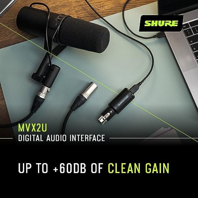 헤드폰 잭이 포함된 Shure MVX2U XLR-USB 디지털 인터페이스, 60dB 게인 제어 기능이 있는 통합 프리앰프, 제로 레이턴시 모니터링, 48V 팬텀 전원, ShurePlus 데스크탑 앱, 1m USB-C 케이블