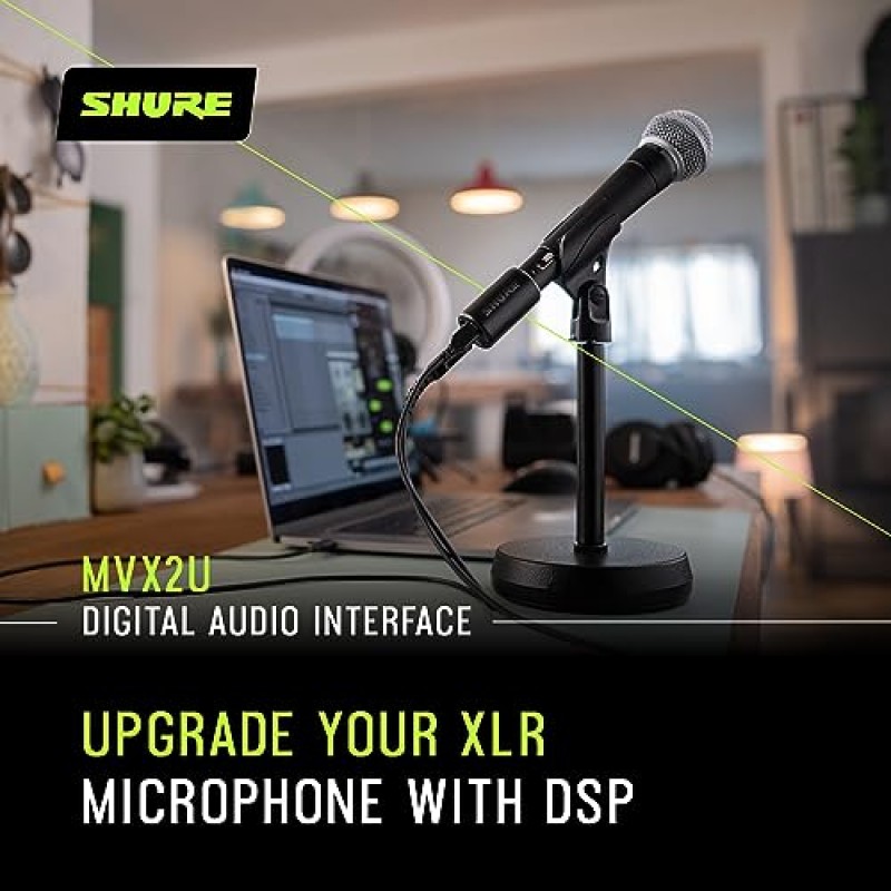 헤드폰 잭이 포함된 Shure MVX2U XLR-USB 디지털 인터페이스, 60dB 게인 제어 기능이 있는 통합 프리앰프, 제로 레이턴시 모니터링, 48V 팬텀 전원, ShurePlus 데스크탑 앱, 1m USB-C 케이블