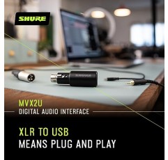 헤드폰 잭이 포함된 Shure MVX2U XLR-USB 디지털 인터페이스, 60dB 게인 제어 기능이 있는 통합 프리앰프, 제로 레이턴시 모니터링, 48V 팬텀 전원, ShurePlus 데스크탑 앱, 1m USB-C 케이블