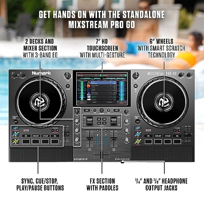 Numark Mixstream Pro Go - 배터리, DJ 믹서, 스피커, Amazon Music Unlimited, WiFi, 터치스크린이 포함된 독립형 DJ 컨트롤러, Serato DJ와 작동