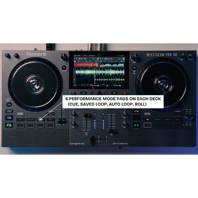 Numark Mixstream Pro Go - 배터리, DJ 믹서, 스피커, Amazon Music Unlimited, WiFi, 터치스크린이 포함된 독립형 DJ 컨트롤러, Serato DJ와 작동