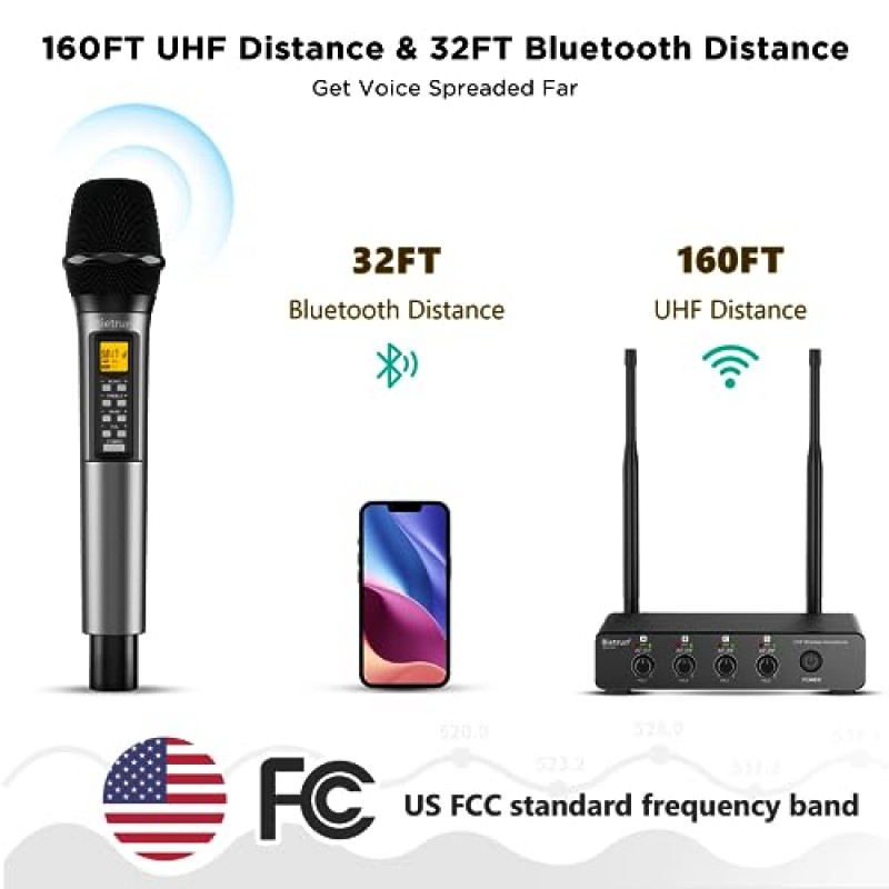 에코/고음/베이스 기능을 갖춘 Bietrun 4채널 무선 마이크, 160피트 UHF 범위, 4 XLR+1/4'출력, 결혼식, 교회, 노래방, 노래, DJ(자동 연결)를 위한 금속 무선 핸드헬드 다이나믹 마이크 시스템