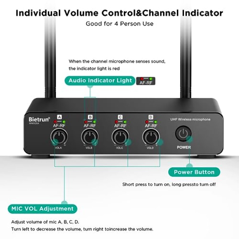 에코/고음/베이스 기능을 갖춘 Bietrun 4채널 무선 마이크, 160피트 UHF 범위, 4 XLR+1/4'출력, 결혼식, 교회, 노래방, 노래, DJ(자동 연결)를 위한 금속 무선 핸드헬드 다이나믹 마이크 시스템