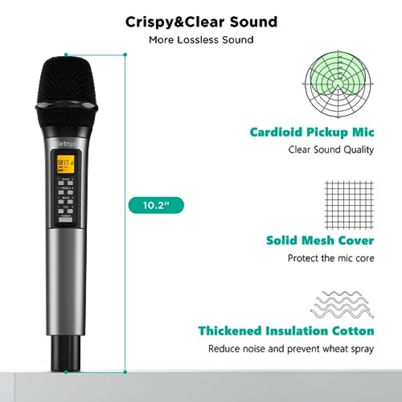 에코/고음/베이스 기능을 갖춘 Bietrun 4채널 무선 마이크, 160피트 UHF 범위, 4 XLR+1/4'출력, 결혼식, 교회, 노래방, 노래, DJ(자동 연결)를 위한 금속 무선 핸드헬드 다이나믹 마이크 시스템