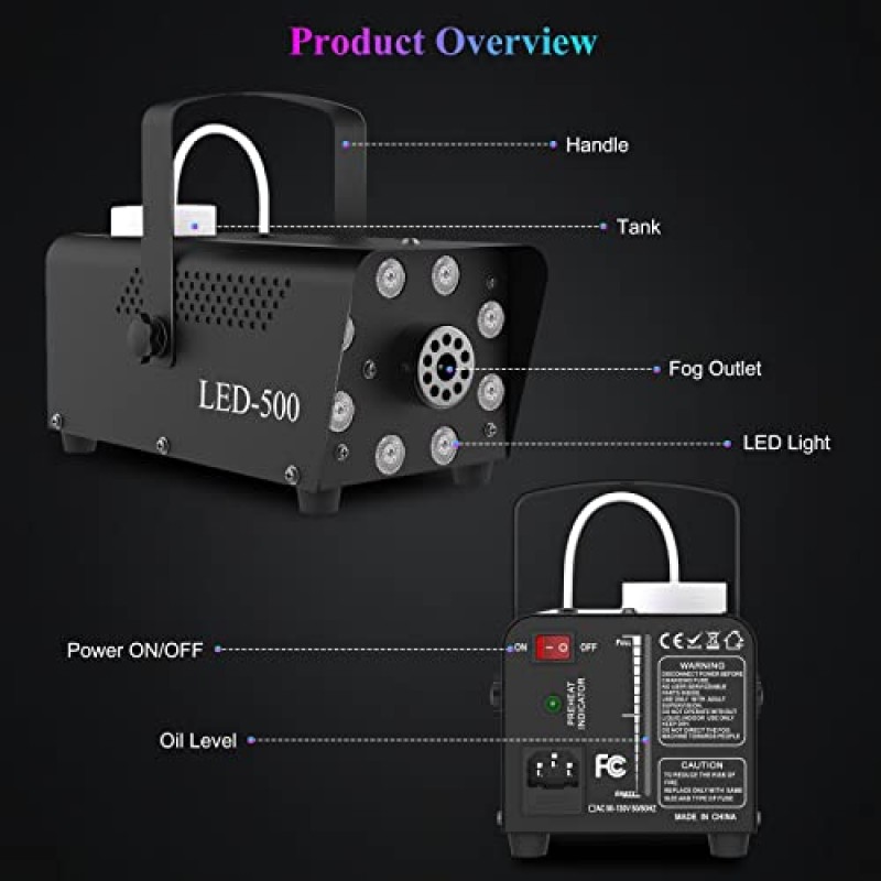 LED 조명이 포함된 업그레이드된 할로윈 안개 기계 - 다채로운 스트로브 효과, 무선 원격 제어, 결혼식, 할로윈, 크리스마스, 파티 및 무대 효과를 위한 연속 안개가 있는 연기 기계