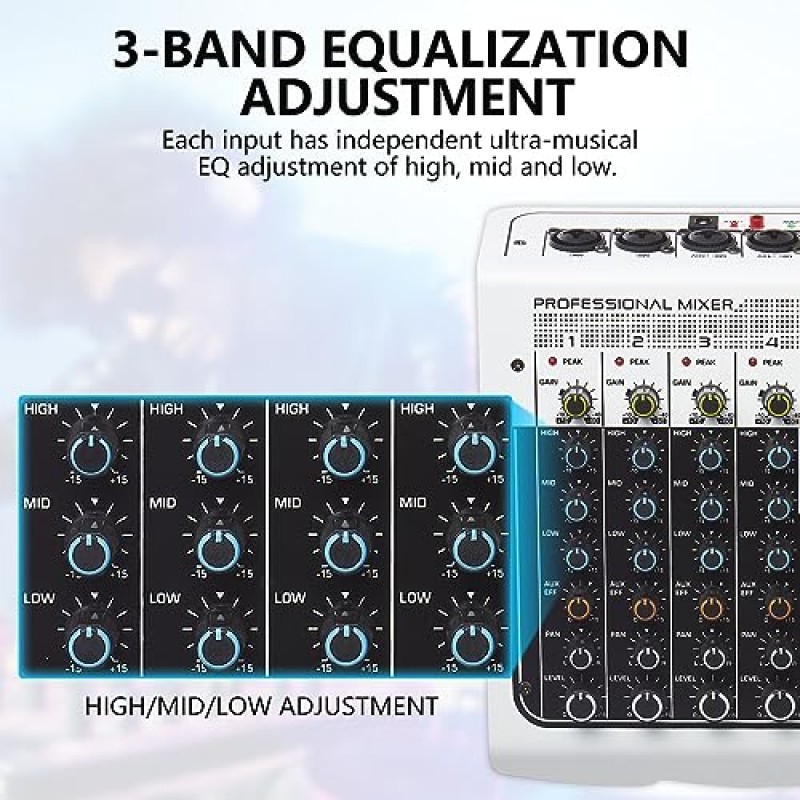 오디오 믹서 6 채널 DJ 믹서 사운드 보드 콘솔, USB MP3 블루투스 입력 48V 라이브 공연 홈 스테이지 가라오케