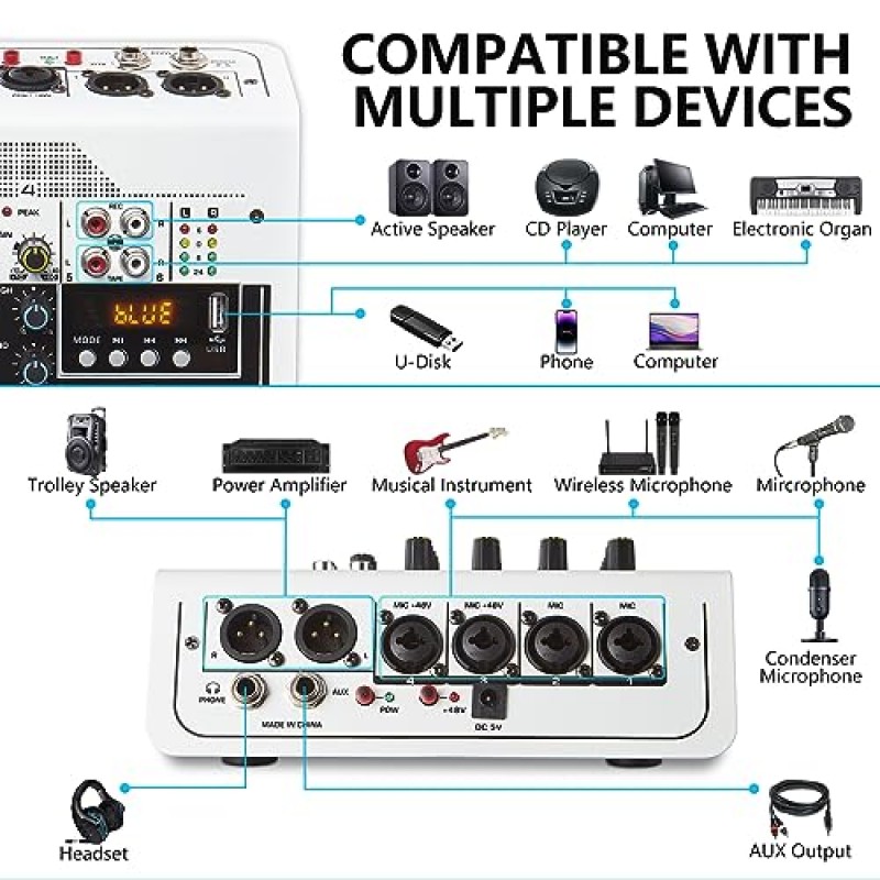 오디오 믹서 6 채널 DJ 믹서 사운드 보드 콘솔, USB MP3 블루투스 입력 48V 라이브 공연 홈 스테이지 가라오케