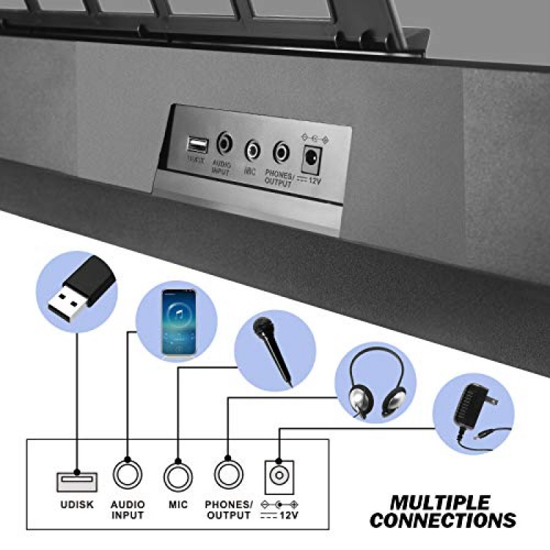 MUSTAR 피아노 키보드, 61키 키보드 피아노 전자 피아노(스탠드 포함), 터치 감지 키보드 초보자를 위한 피아노 61키, 헤드폰, 마이크, MP3/USB/LCD 화면, 명절 생일 선물