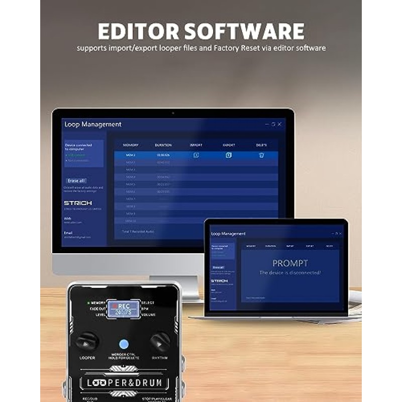 STRICH 스테레오 루퍼 페달 기타 페달(드럼 머신 포함) 2 IN 1, 100개의 다양한 드럼 패턴, 160분 녹음 시간, 오디오 가져오기/내보내기용 USB, 소프트웨어 편집 풋스위치 제어 지원
