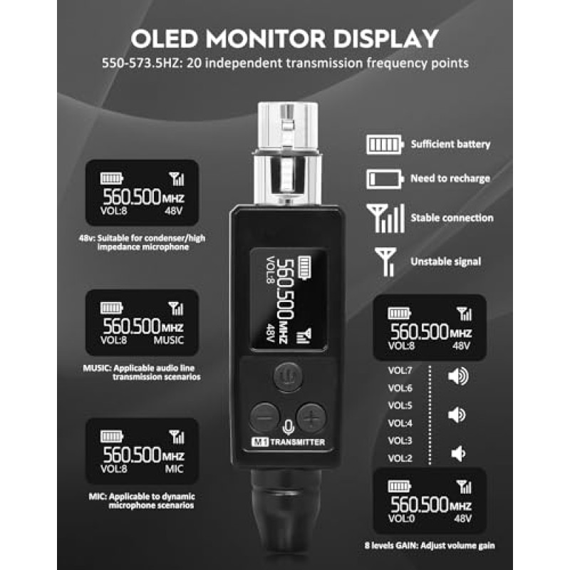 STRICH 무선 마이크 시스템, UHF 무선 XLR 송신기 및 수신기, 다이나믹 마이크, 오디오 믹서, PA 시스템 및 DSLR 카메라와 호환되는 충전식 무선 마이크 어댑터 48V, M1