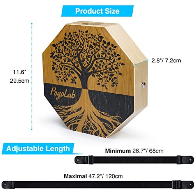 POGOLAB 투톤 카존, 조절 가능한 스트랩이 있는 휴대용 여행용 나무 드럼, 휴대가 용이함, 독특한 외관, 아름다운 타악기(내추럴 브라운)