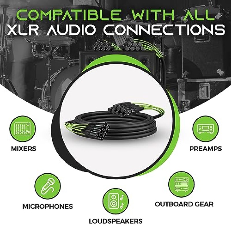 GearIT 8채널 XLR 스네이크 케이블(50피트) - 100% 무산소 구리 스네이크 와이어, 채널 라벨, 프로 오디오용 금속 XLR 커넥터 - 50피트