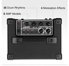 LEKATO 디지털 기타 앰프, 9개의 베이스 앰프 모델을 갖춘 15W 연습용 일렉트릭 기타 앰프, 36개의 드럼 프리셋, 코러스, 딜레이, 리버브 효과, 헤드폰 출력, 일렉트릭 베이스 기타 연습/소형 공연용