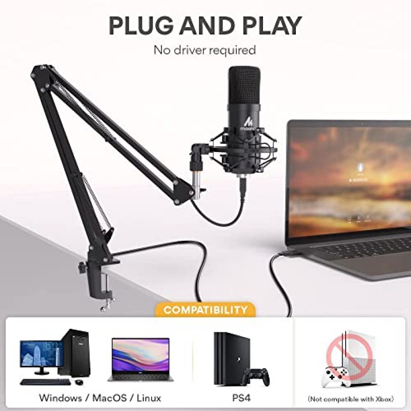 USB 마이크, MAONO 192KHZ/24Bit 플러그 앤 플레이 PC 컴퓨터 팟캐스트 콘덴서 카디오이드 금속 마이크 키트, 녹음, 게임, 노래, YouTube용 전문 사운드 칩셋 포함(AU-A04)