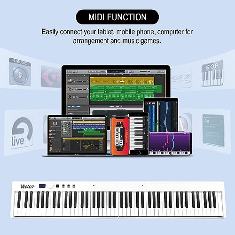 Veetop 88 키 키보드 피아노 접이식 피아노, 풀 사이즈 전자 피아노 우드 그레인 터치 감지 키보드, 블루투스 미디 포함 초보자 및 여행용 휴대용 디지털 피아노(흰색)