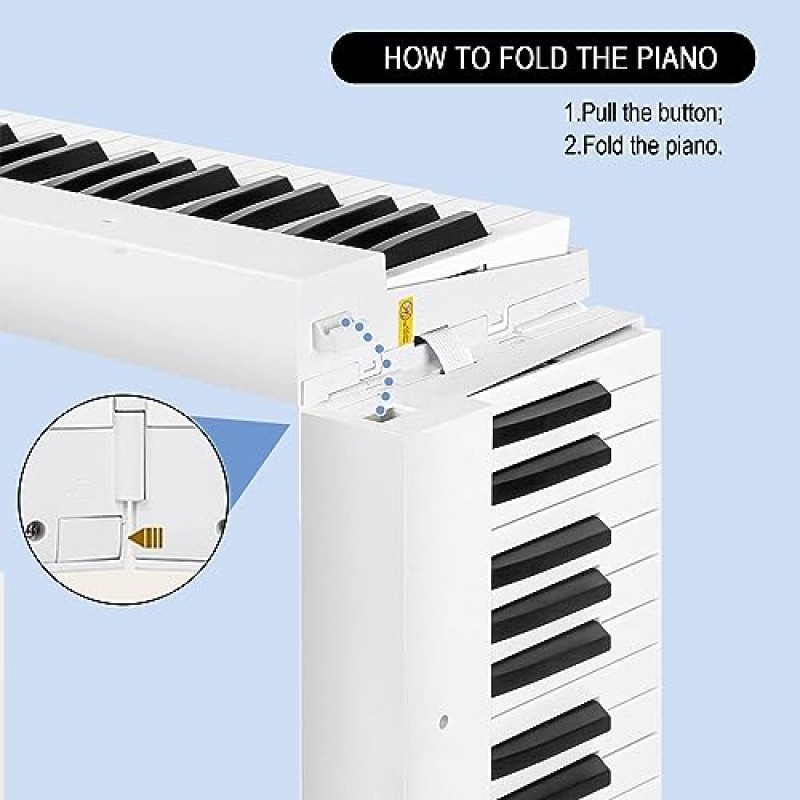 Veetop 88 키 키보드 피아노 접이식 피아노, 풀 사이즈 전자 피아노 우드 그레인 터치 감지 키보드, 블루투스 미디 포함 초보자 및 여행용 휴대용 디지털 피아노(흰색)