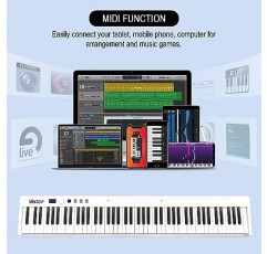 Veetop 88 키 키보드 피아노 접이식 피아노, 풀 사이즈 전자 피아노 우드 그레인 터치 감지 키보드, 블루투스 미디 포함 초보자 및 여행용 휴대용 디지털 피아노(흰색)