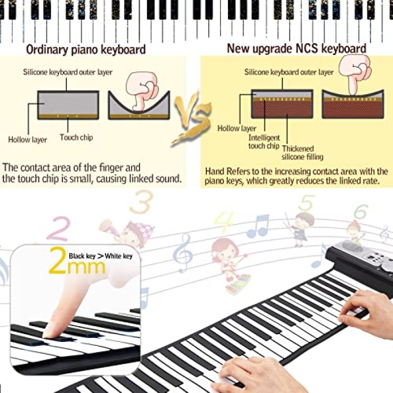 롤업 피아노 키보드 61키 핸드 롤링 휴대용 피아노, 롤링 키보드 피아노, 어린이, 초보자를 위한 실리콘 유연한 롤아웃 피아노 키보드 - 롤업 여행 키보드 피아노