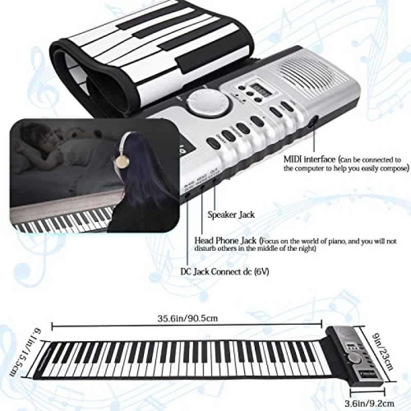 롤업 피아노 키보드 61키 핸드 롤링 휴대용 피아노, 롤링 키보드 피아노, 어린이, 초보자를 위한 실리콘 유연한 롤아웃 피아노 키보드 - 롤업 여행 키보드 피아노