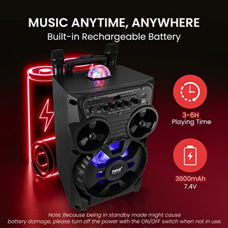 Pyle 휴대용 Bluetooth PA 스피커 - 580W 8인치 충전식 야외 BT 노래방 오디오 시스템 - TWS, 디스코 파티 조명, LED 디스플레이, FM/AUX/MP3/USB/SD, 6.5mm, 트롤리, 바퀴 - 무선 마이크, 원격