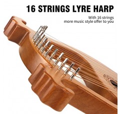 AKLOT 16 String Lyre 하프 사슴 스마일 라이라스 하프 마호가니 바디 및 튜닝 렌치가 있는 구리 안장, 예비 현 세트, 가방, 설명서