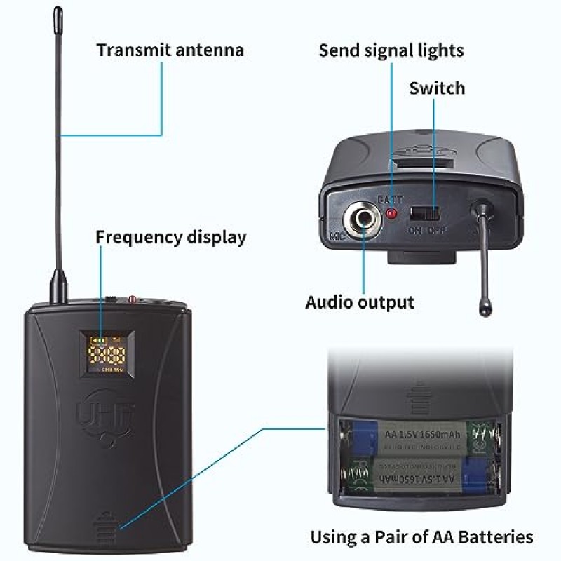 SIKUING 듀얼 채널 UHF 무선 마이크 시스템, 2x30 조정 가능한 주파수, 회의용 라발리에 및 헤드셋 마이크 시스템, 교회, 300피트 범위(바디팩 2개)