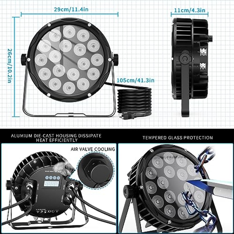 야외 LED 파 라이트 방수: 6in1 RGBWAUV 18x18W 고성능 전문 무대 파 라이트 사운드 활성화 이벤트용 DMX 제어 업라이트 DJ 라이브 쇼 음악 웨딩 파티 교회 무대 조명