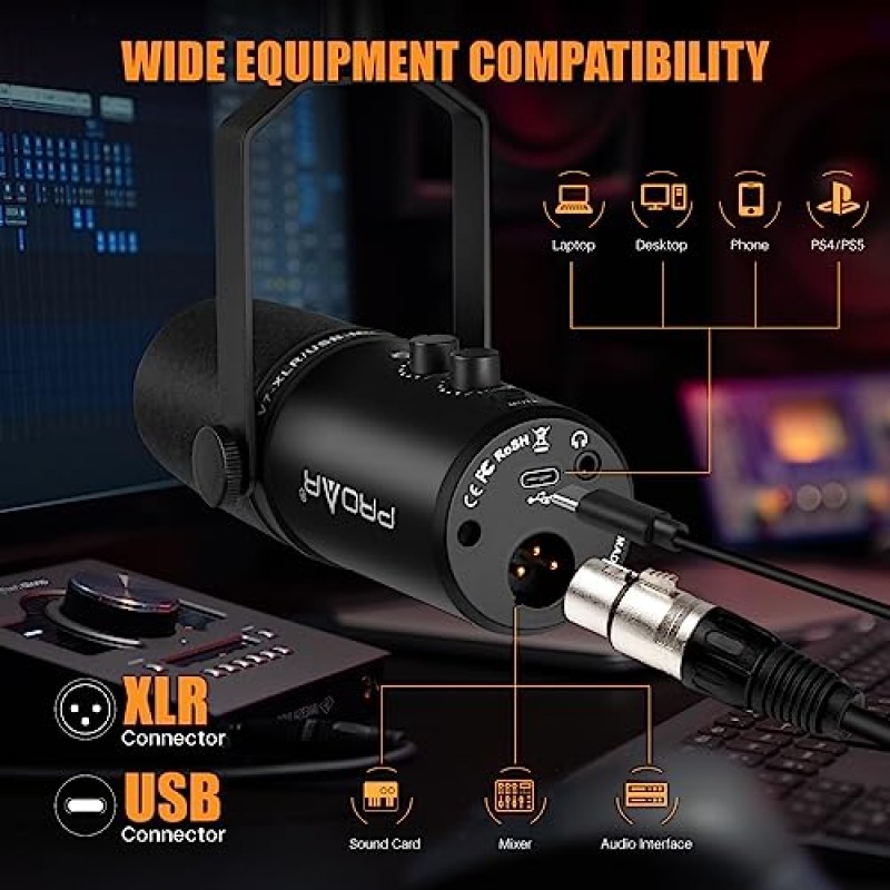 PROAR XLR/USB 다이나믹 마이크, 팟캐스트용 PC 컴퓨터 마이크, 보컬 녹음, 라이브 스트리밍, 게임, 보이스오버, 소음 제거 기능이 있는 올메탈 전문 스튜디오 마이크 키트, USB-C 포트