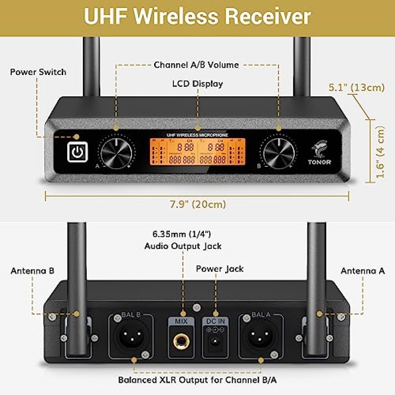TONOR 무선 마이크 시스템, 전문 금속 무선 노래방 마이크, 홈 파티, 회의, KTV, 교회, DJ, 결혼식, 노래, 200피트, TW820 레드용 수신기가 있는 휴대용 동적 마이크 세트